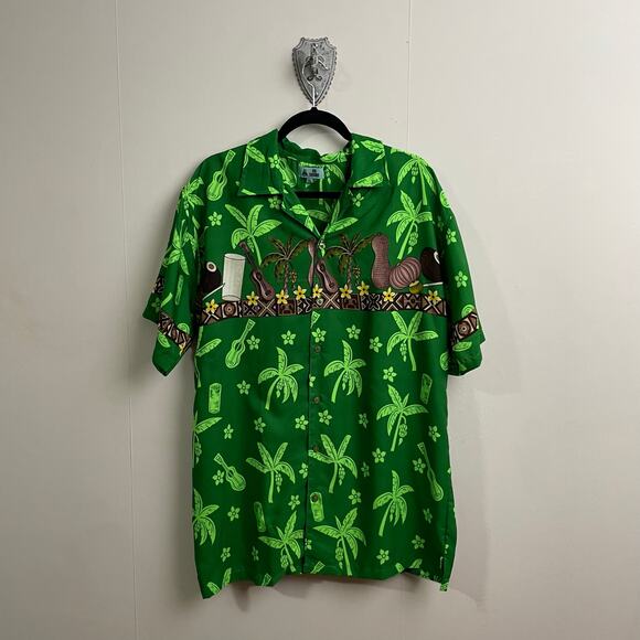 Vintage On Shore XL Hawaiian button down t-shirt AOP green ukalali floral white - Picture 1 of 7